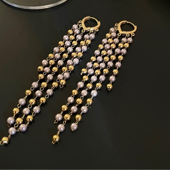 Long Gold and White Pearl Tassels Earrings - Picture 4 of 7